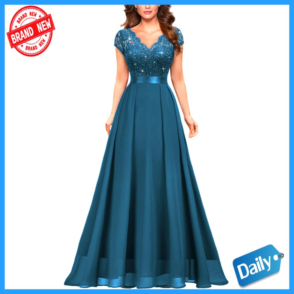 Elegant V-Neck Sequined Floral Lace Formal Maxi Dress Cap Sleeve Party Wear